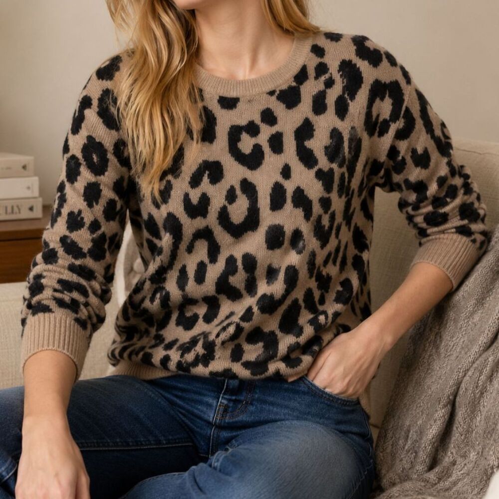 J.Crew Leopard Print Supersoft Merino Alpaca Sweater XS Mushroom Black Cozy